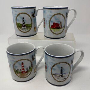Lighthouse Coffee Mugs Set of 4 Porcelain American Atelier Signals 5139 Tea Cups
